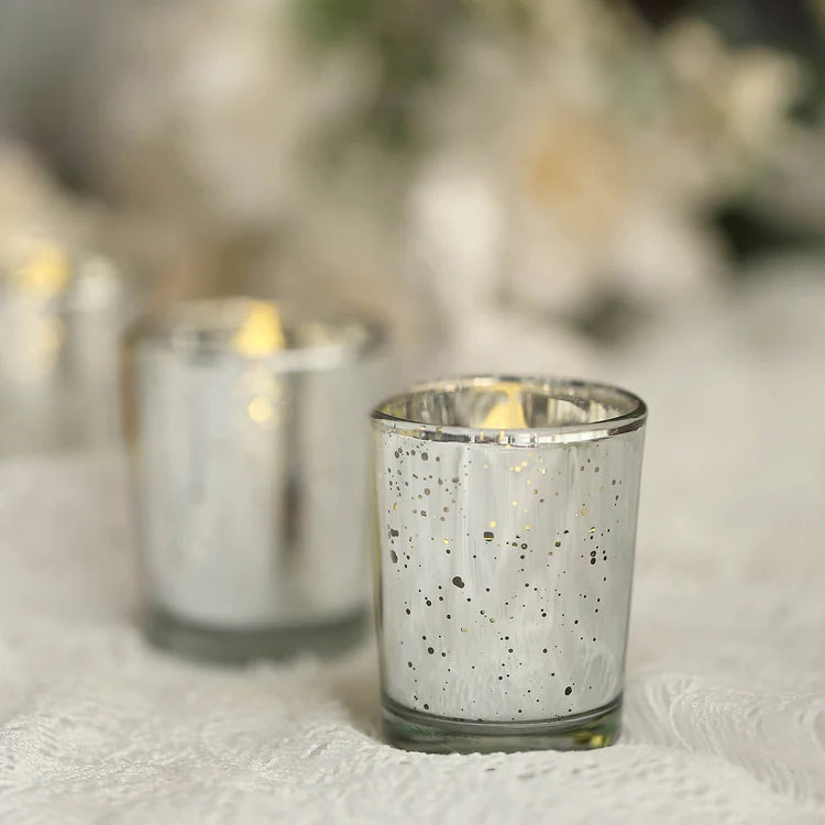 Silver Mercury Glass Candle Holders, Votive Tealight Holders - Speckled Design 2"