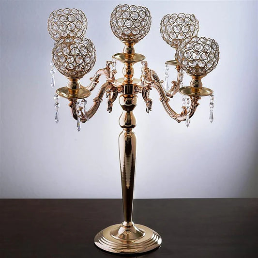 Gold Crystal Beaded Globe Metal Candelabra Candle Holder 25" Tall 5 Arm