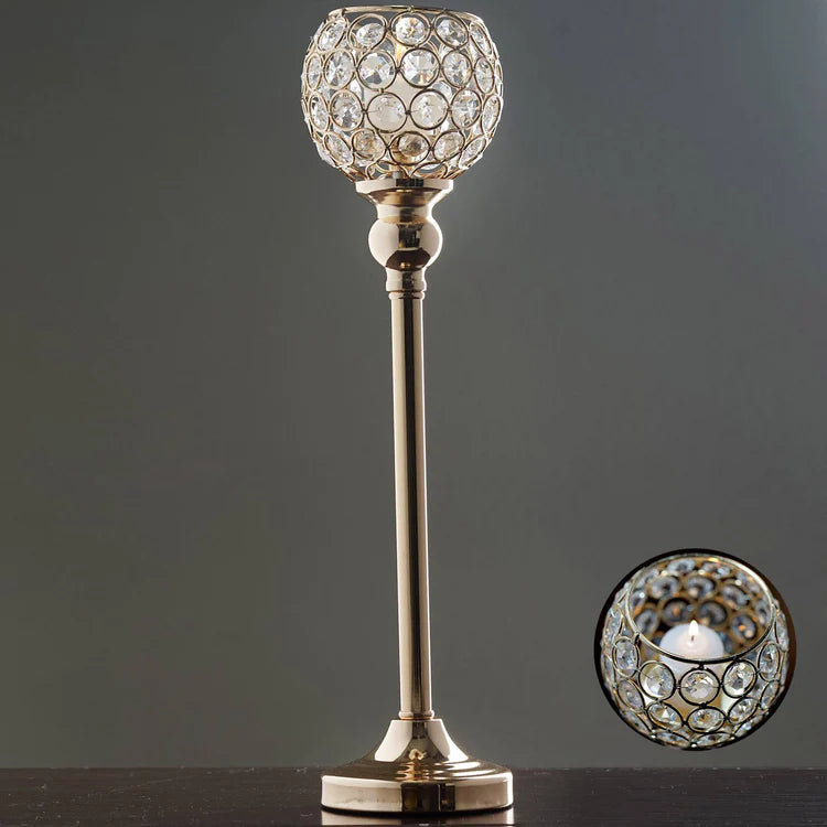 Gold Crystal Votive Pillar Candle Holder, Metal Tealight Round Candle Stand 16" Tall