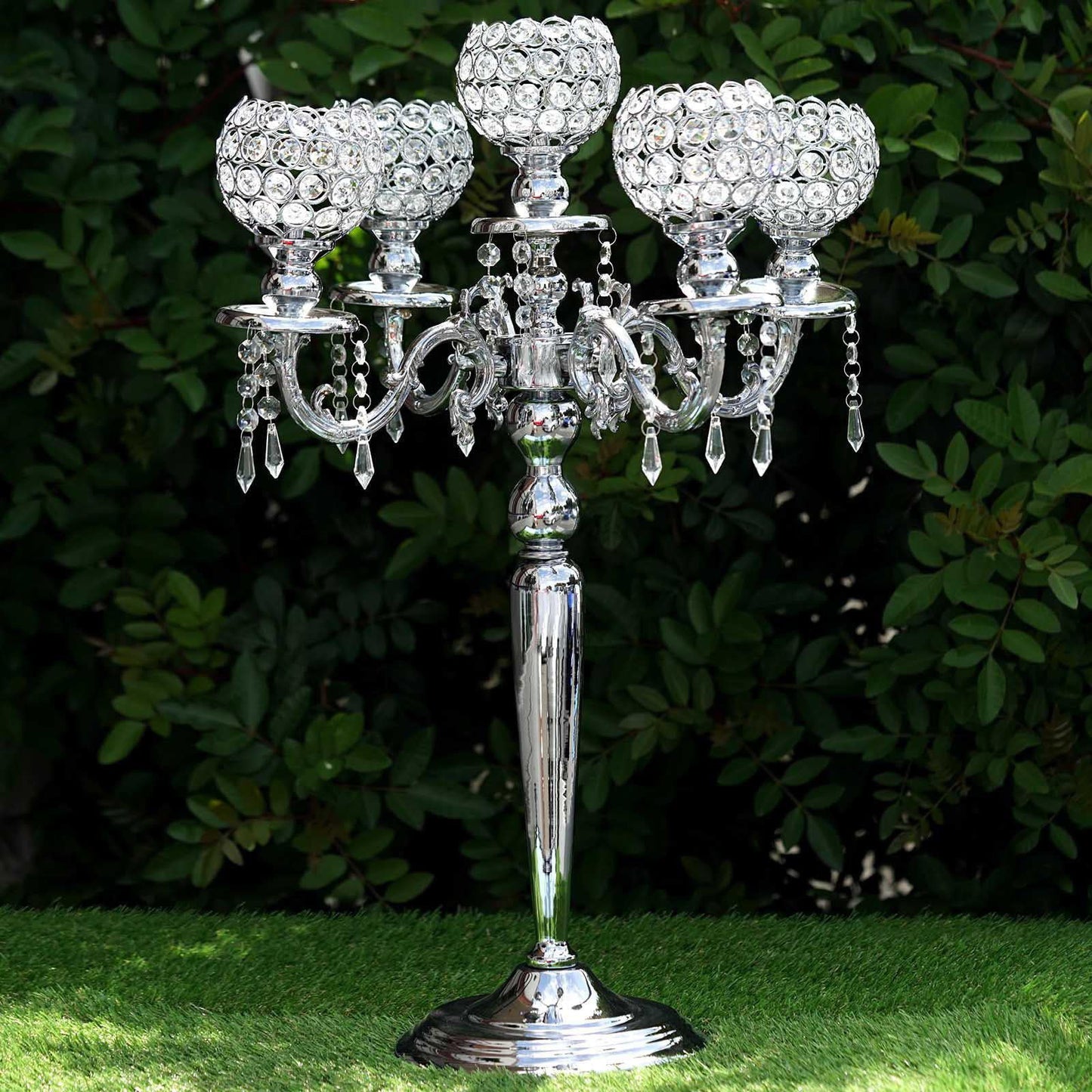 Gold Crystal Beaded Globe Metal Candelabra Candle Holder 25" Tall 5 Arm